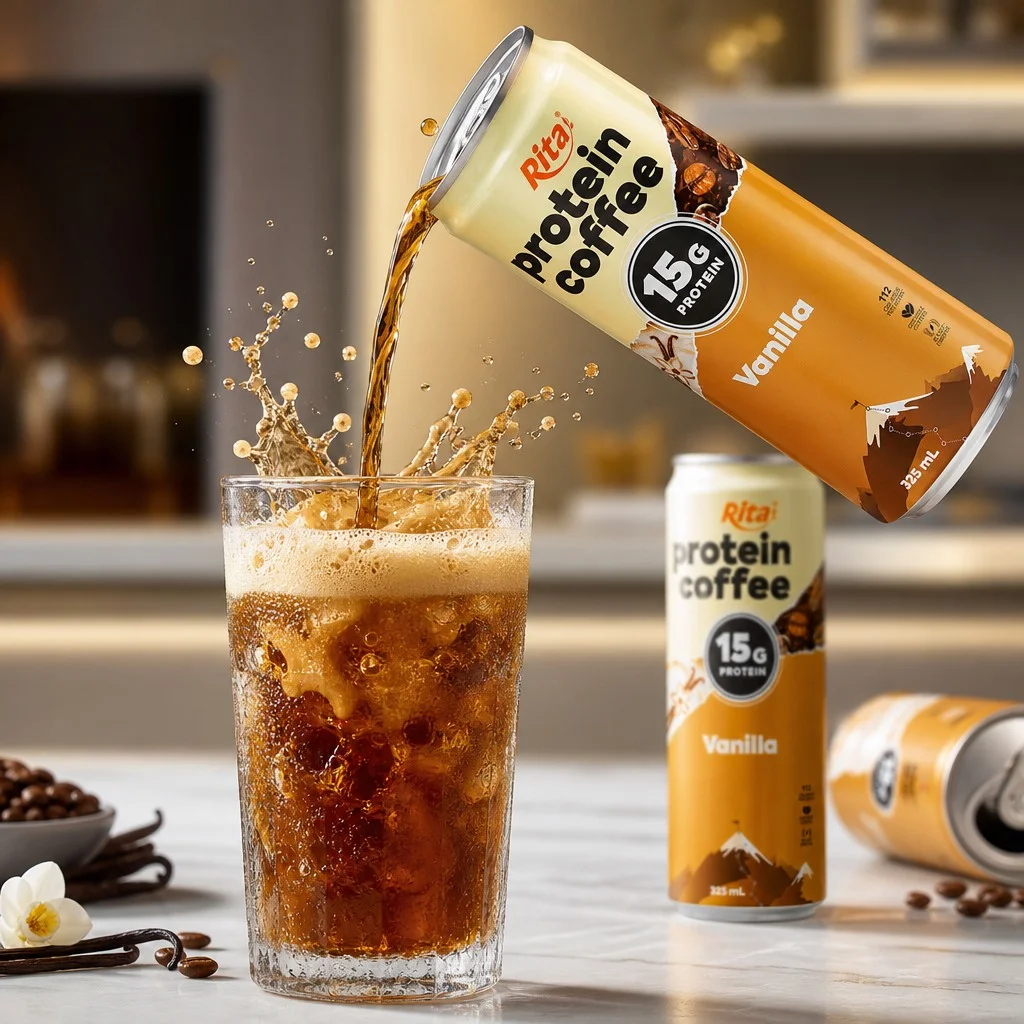 High protein coffee cans merchandised on a North American retail shelf