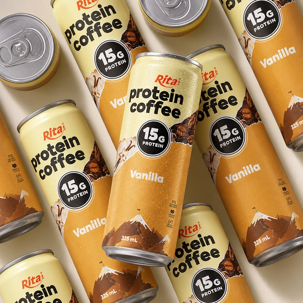 325ml aluminum can packaging of the Rita vanilla protein coffee drink