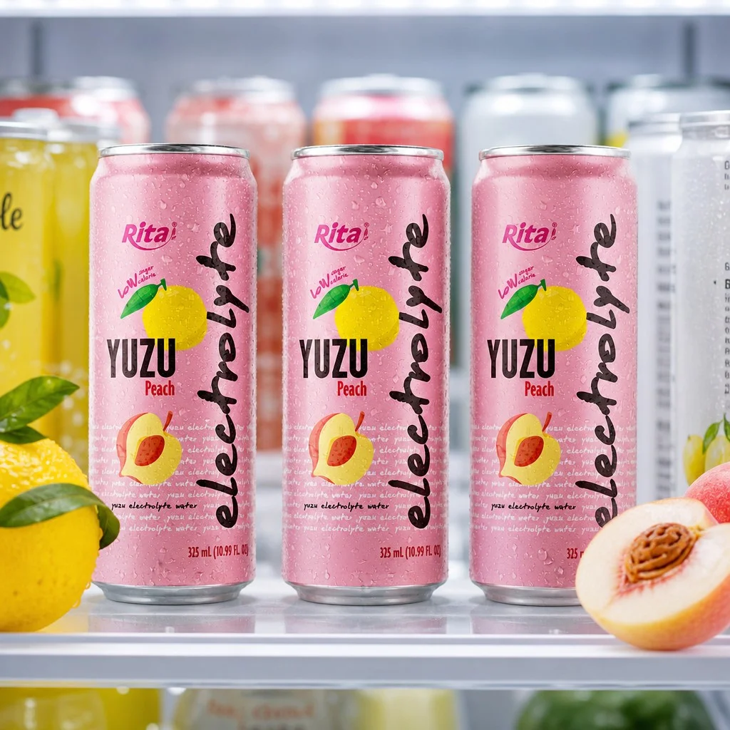 Yuzu Peach Electrolyte Water Drink displayed in a North American retail cooler
