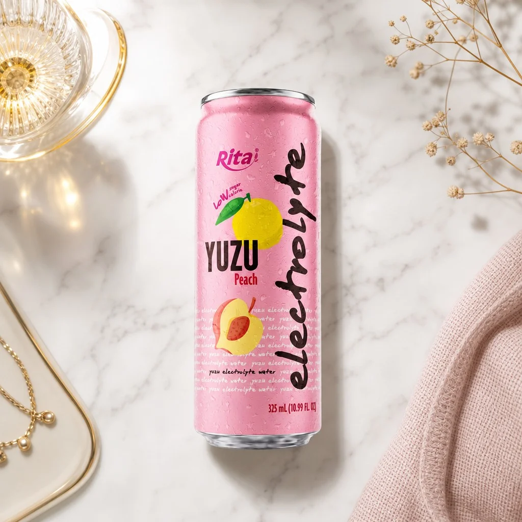 Yuzu Peach Electrolyte Water Drink 325ml slim can packaging for on the go use