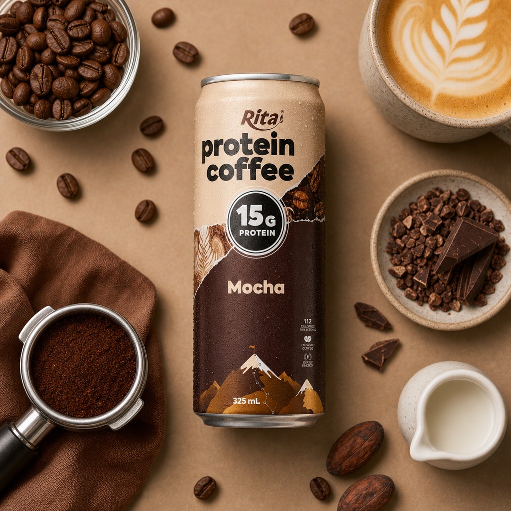 High protein coffee mocha drink displayed in a retail cooler
