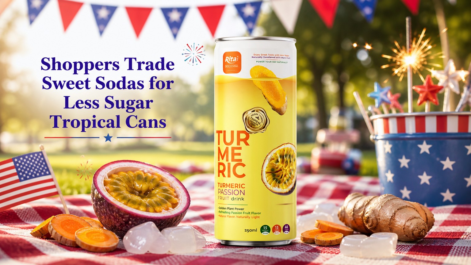 Less sugar turmeric passion fruit drink in a 250ml slim can for North American retail shelves