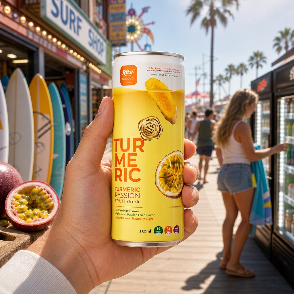 North American shoppers comparing a less sugar turmeric passion fruit drink on retail shelves
