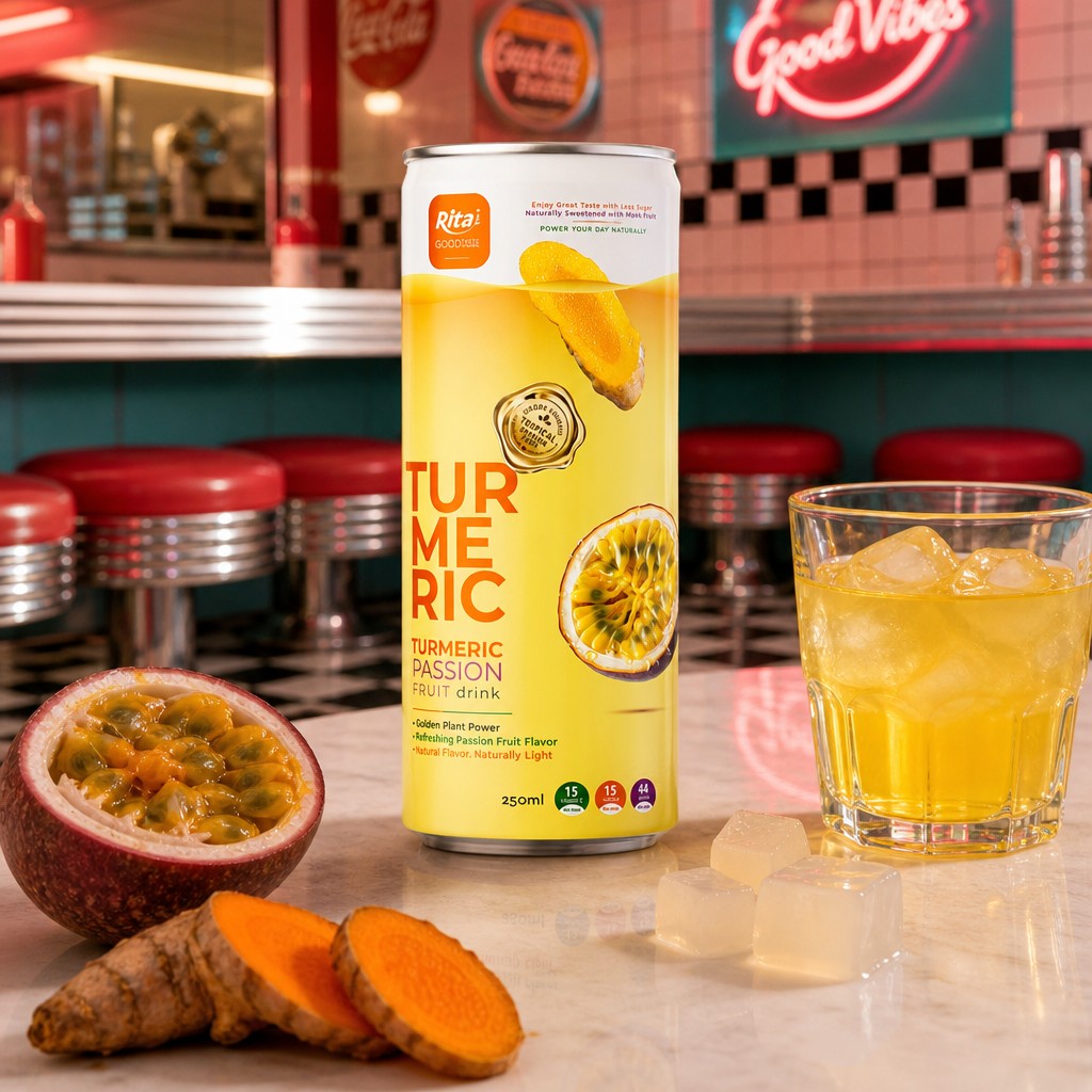 Ingredients and packaging of the RITA Less Sugar Turmeric Passion Fruit Drink 250ml Slim Can