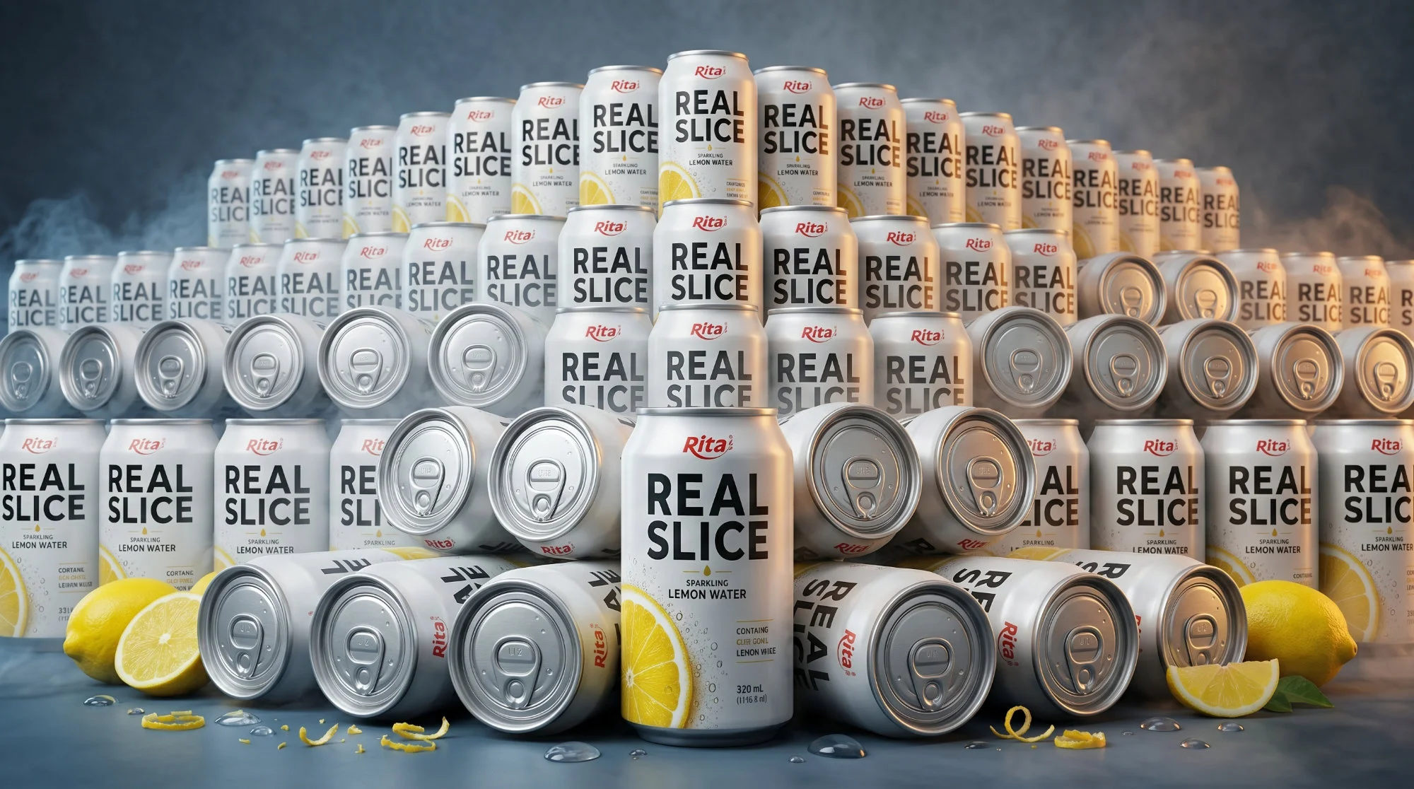Sparkling Lemon Water with Real Fruit Slices 325ml Can Poster 1