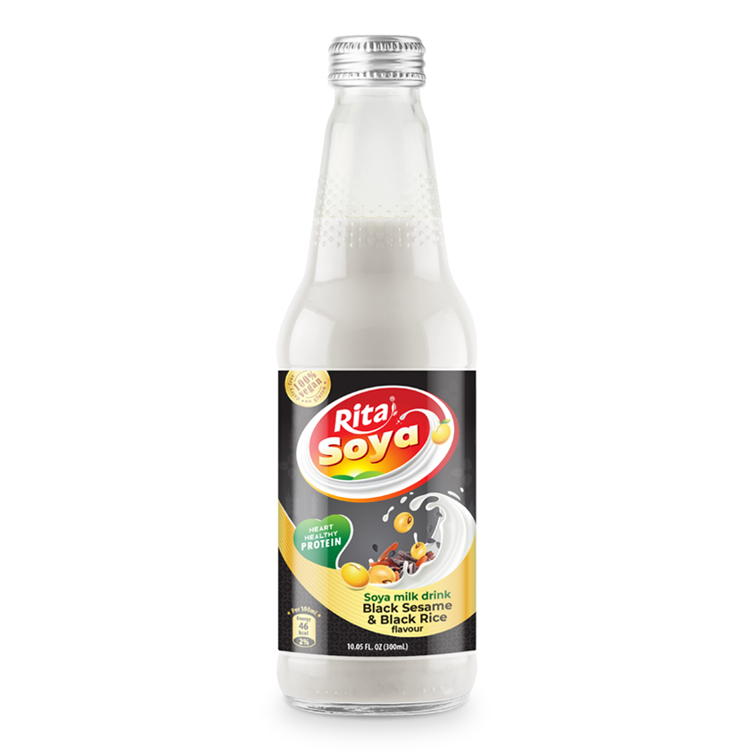 100% Vegan Soya Milk Drink Black Sesame And Black Rice 10.05 Fl Oz Glass Bottle.